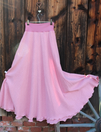 Půlkolová dlouhá mušelínová sukně Puntíky na starorůžové - do 14 dnů